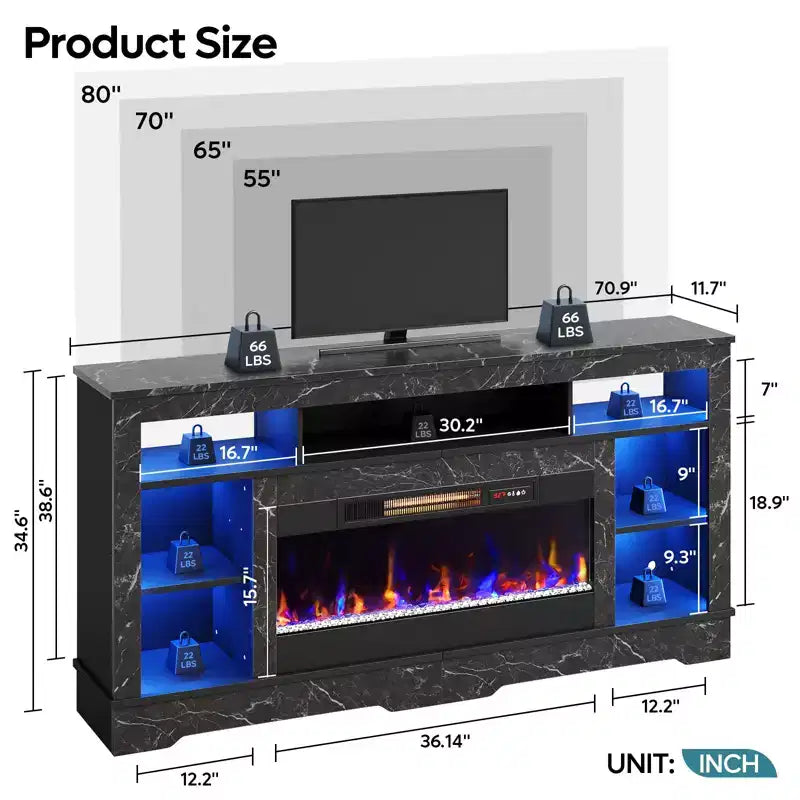 Meuble TV de cheminée de 180 cm de haut avec lumières LED et rangement, centre de divertissement pour téléviseurs jusqu'à 80"