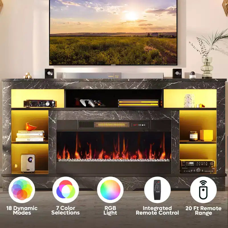 Meuble TV de cheminée de 180 cm de haut avec lumières LED et rangement, centre de divertissement pour téléviseurs jusqu'à 80"