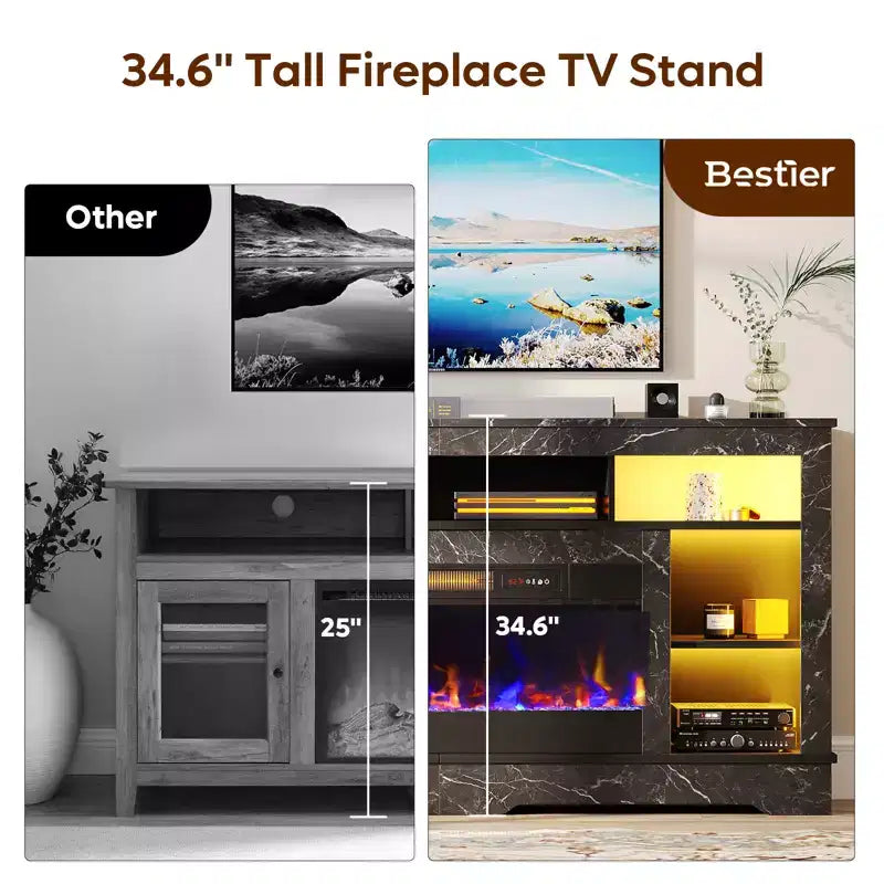 Meuble TV de cheminée de 180 cm de haut avec lumières LED et rangement, centre de divertissement pour téléviseurs jusqu'à 80"
