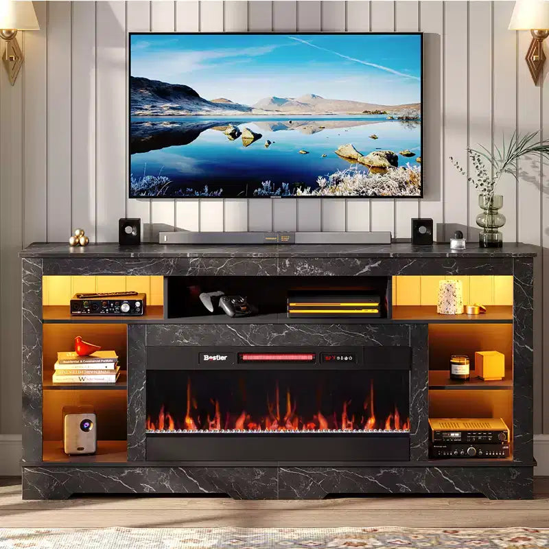 Meuble TV de cheminée de 180 cm de haut avec lumières LED et rangement, centre de divertissement pour téléviseurs jusqu'à 80"