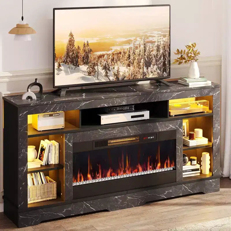 Meuble TV de cheminée de 180 cm de haut avec lumières LED et rangement, centre de divertissement pour téléviseurs jusqu'à 80"