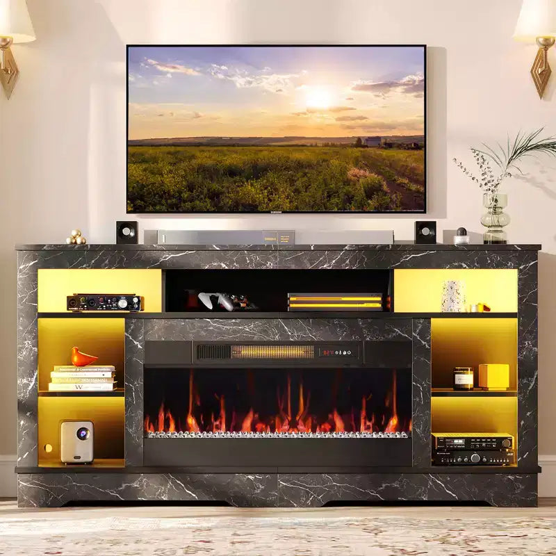 Meuble TV de cheminée de 180 cm de haut avec lumières LED et rangement, centre de divertissement pour téléviseurs jusqu'à 80"
