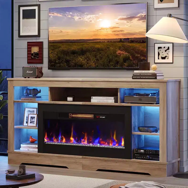 Meuble TV de cheminée de 180 cm de haut avec lumières LED et rangement, centre de divertissement pour téléviseurs jusqu'à 80"