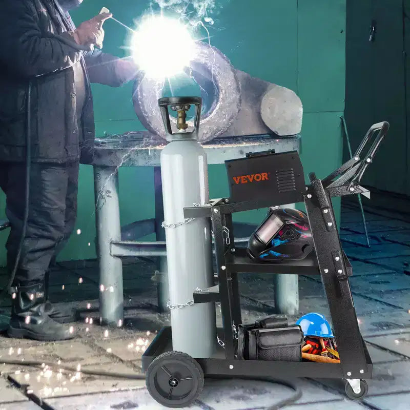 Chariot de soudage robuste à 3 niveaux avec une capacité de 181 kg, des roues pivotantes à 360° et des chaînes de sécurité