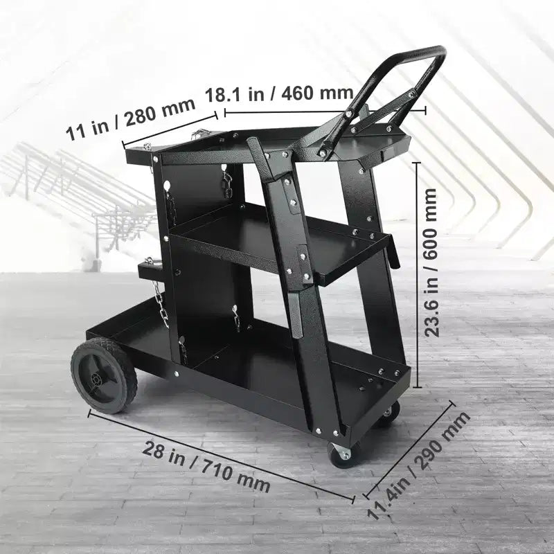 Chariot de soudage robuste à 3 niveaux avec une capacité de 181 kg, des roues pivotantes à 360° et des chaînes de sécurité