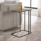 Table d'appoint rectangulaire à plateau en pierre bleue avec cadre en fer noir et détails sculptés, 61 cm de hauteur