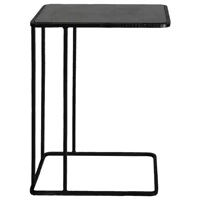 Table d'appoint rectangulaire à plateau en pierre bleue avec cadre en fer noir et détails sculptés, 61 cm de hauteur