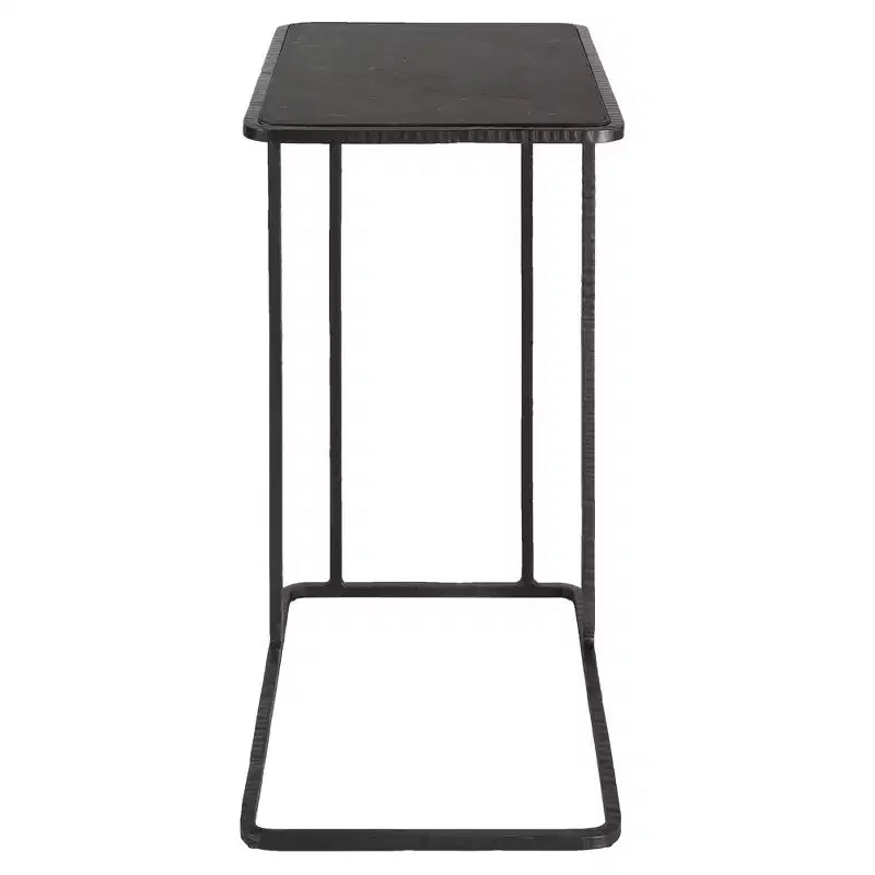 Table d'appoint rectangulaire à plateau en pierre bleue avec cadre en fer noir et détails sculptés, 61 cm de hauteur