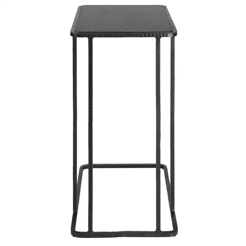 Table d'appoint rectangulaire à plateau en pierre bleue avec cadre en fer noir et détails sculptés, 61 cm de hauteur