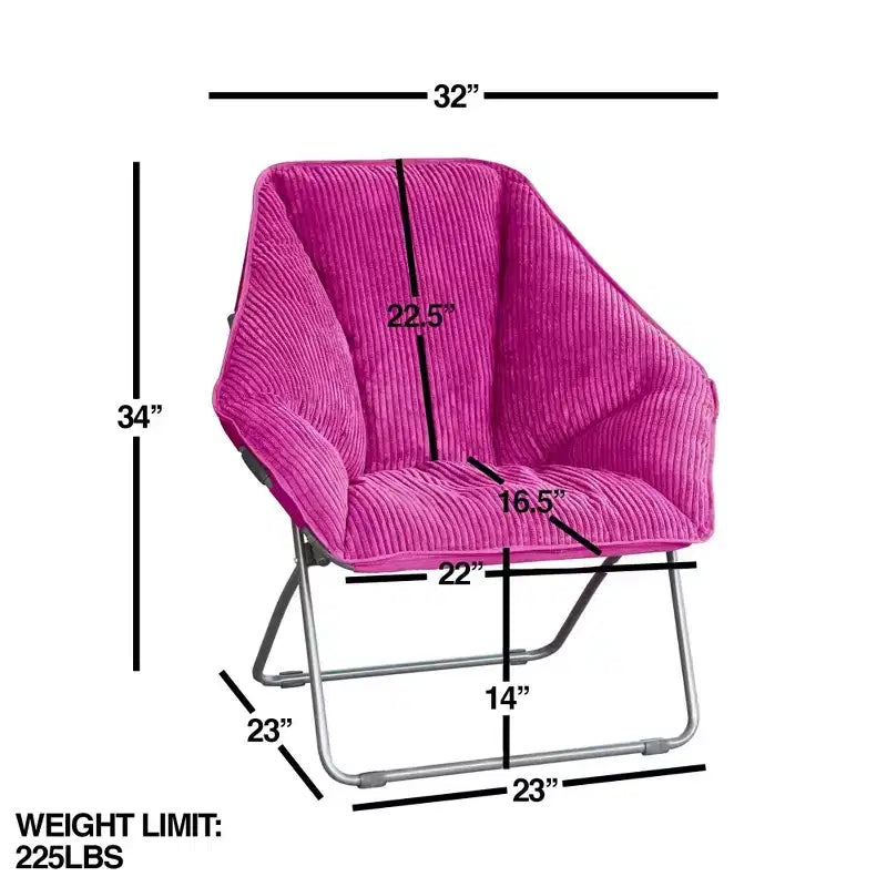 Chaise pliante hexagonale avec coussin large en velours côtelé et cadre en acier, 81 cm de large