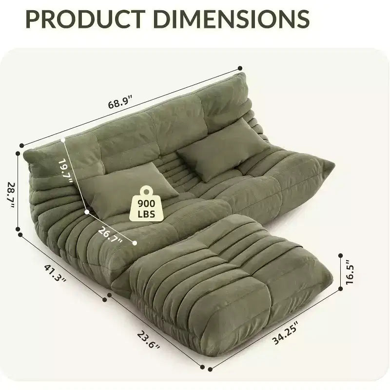 Canapé Loveseat surdimensionné en pouf avec ottomane, mousse haute densité et revêtement en daim synthétique, vert