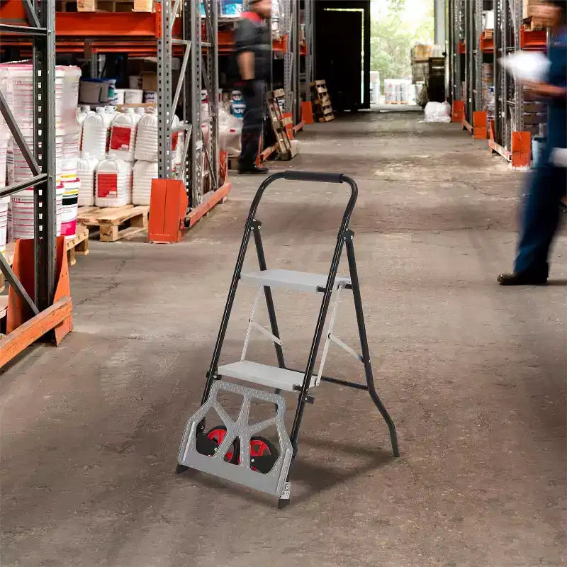 Diable pliable en aluminium 2-en-1 et escabeau à 2 marches avec pédales antidérapantes, capacité de 100 kg