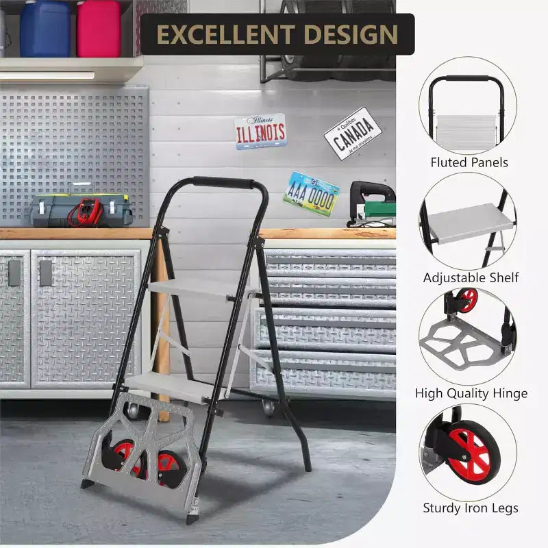 Diable pliable en aluminium 2-en-1 et escabeau à 2 marches avec pédales antidérapantes, capacité de 100 kg