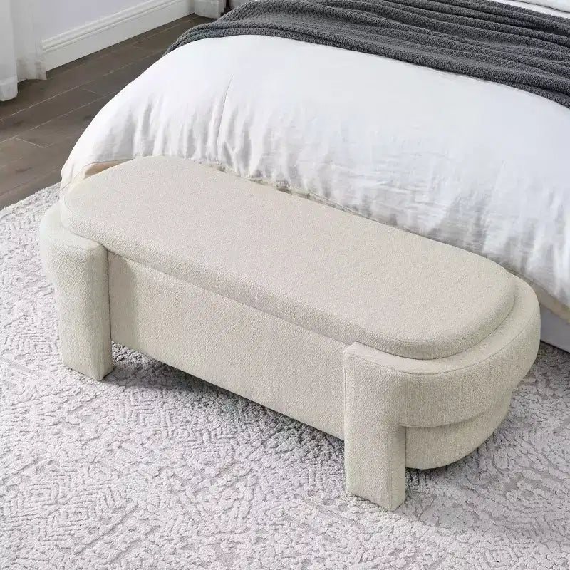Banc de rangement capitonné en lin avec pieds en bois sculpté et compartiment caché, 130,8 cm L, beige