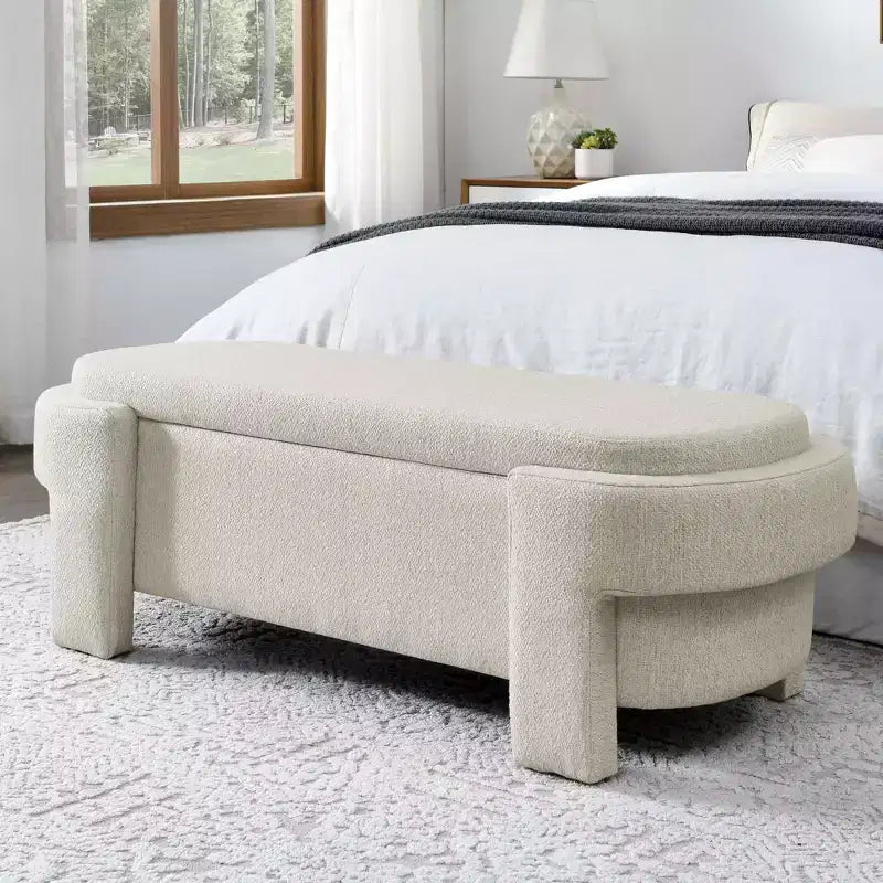 Banc de rangement capitonné en lin avec pieds en bois sculpté et compartiment caché, 130,8 cm L, beige