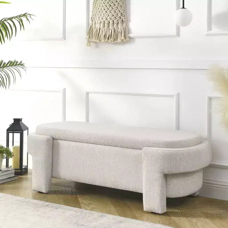 Banc de rangement capitonné en lin avec pieds en bois sculpté et compartiment caché, 130,8 cm L, beige