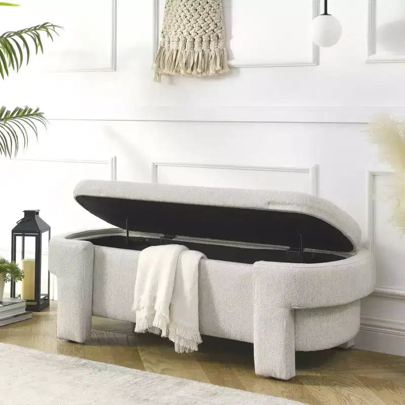 Banc de rangement capitonné en lin avec pieds en bois sculpté et compartiment caché, 130,8 cm L, beige