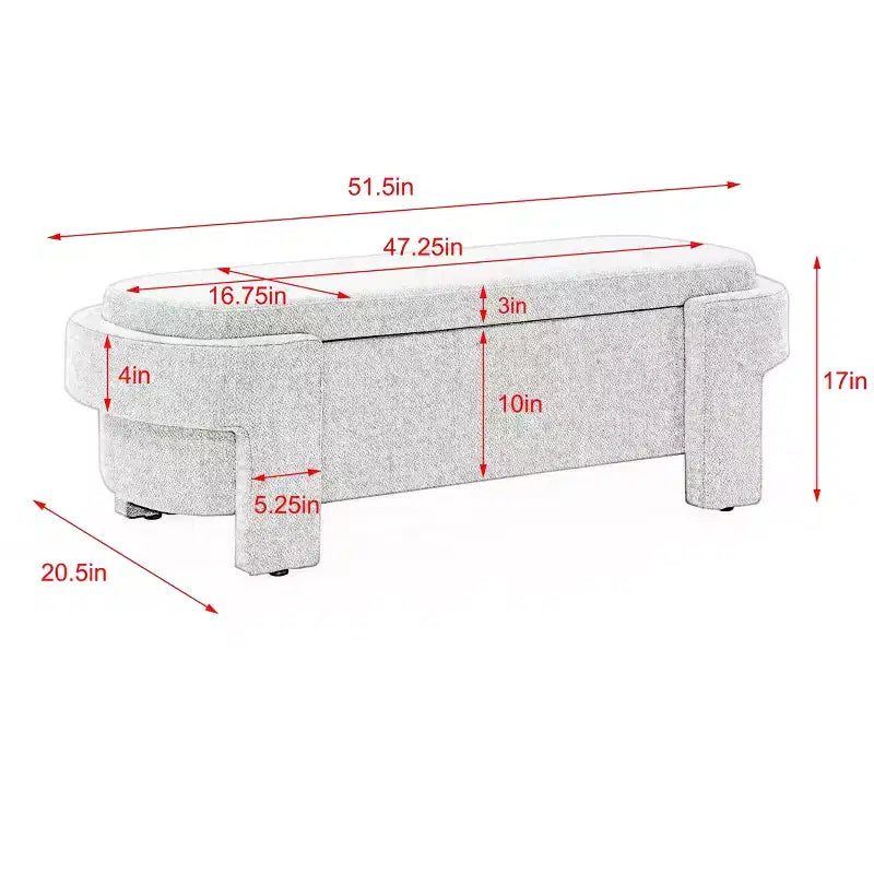 Banc de rangement capitonné en lin avec pieds en bois sculpté et compartiment caché, 130,8 cm L, beige