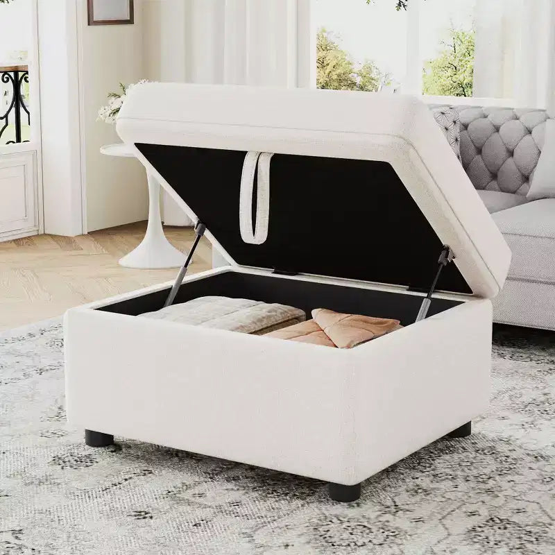 Repose-pieds ottoman de rangement mobile avec compartiment caché et siège en velours côtelé moelleux, 113 kg, beige