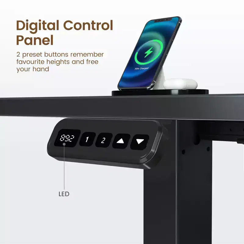 Bureau d'angle assis-debout réglable en hauteur avec lumières LED RGB, 4 prises CA et support de moniteur intégré
