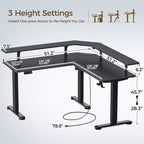 Bureau d'angle assis-debout réglable en hauteur avec lumières LED RGB, 4 prises CA et support de moniteur intégré