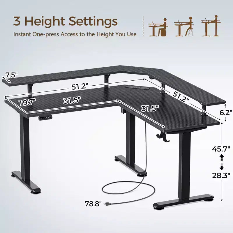 Bureau d'angle assis-debout réglable en hauteur avec lumières LED RGB, 4 prises CA et support de moniteur intégré