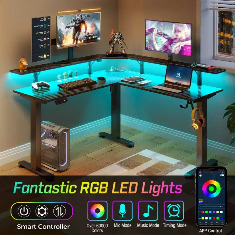 Bureau d'angle assis-debout réglable en hauteur avec lumières LED RGB, 4 prises CA et support de moniteur intégré