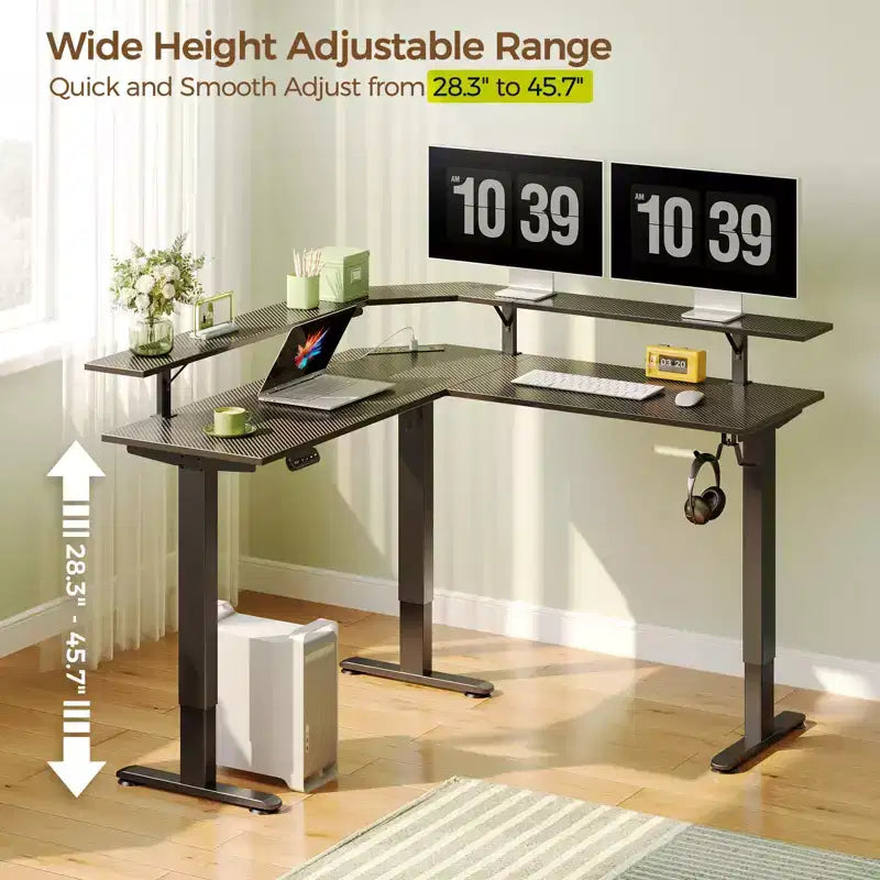 Bureau d'angle assis-debout réglable en hauteur avec lumières LED RGB, 4 prises CA et support de moniteur intégré