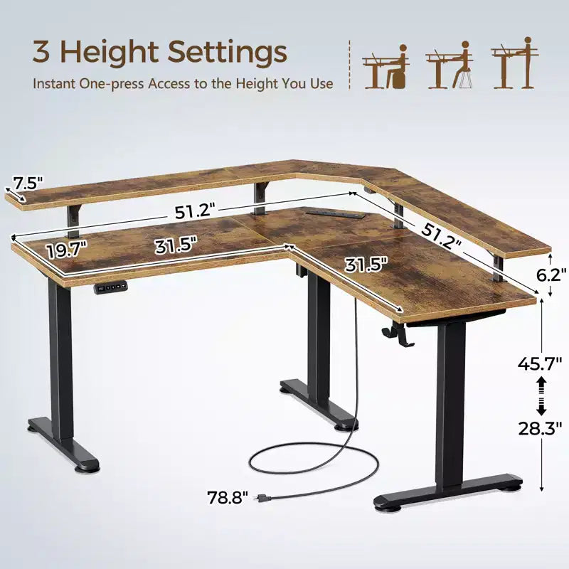 Bureau d'angle assis-debout réglable en hauteur avec lumières LED RGB, 4 prises CA et support de moniteur intégré