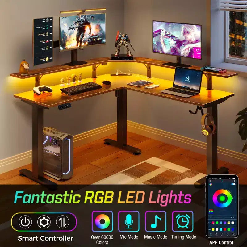 Bureau d'angle assis-debout réglable en hauteur avec lumières LED RGB, 4 prises CA et support de moniteur intégré