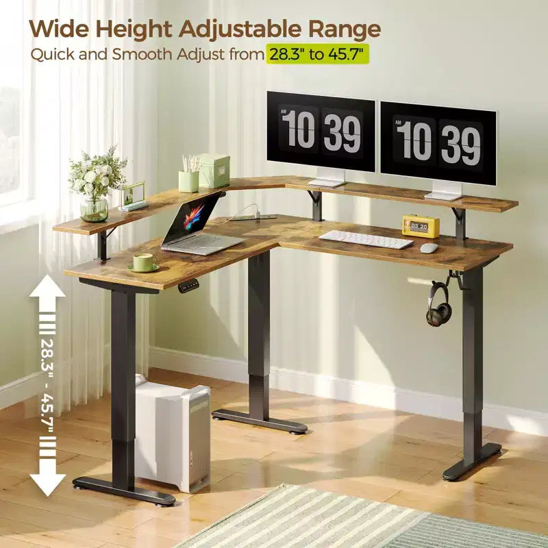 Bureau d'angle assis-debout réglable en hauteur avec lumières LED RGB, 4 prises CA et support de moniteur intégré