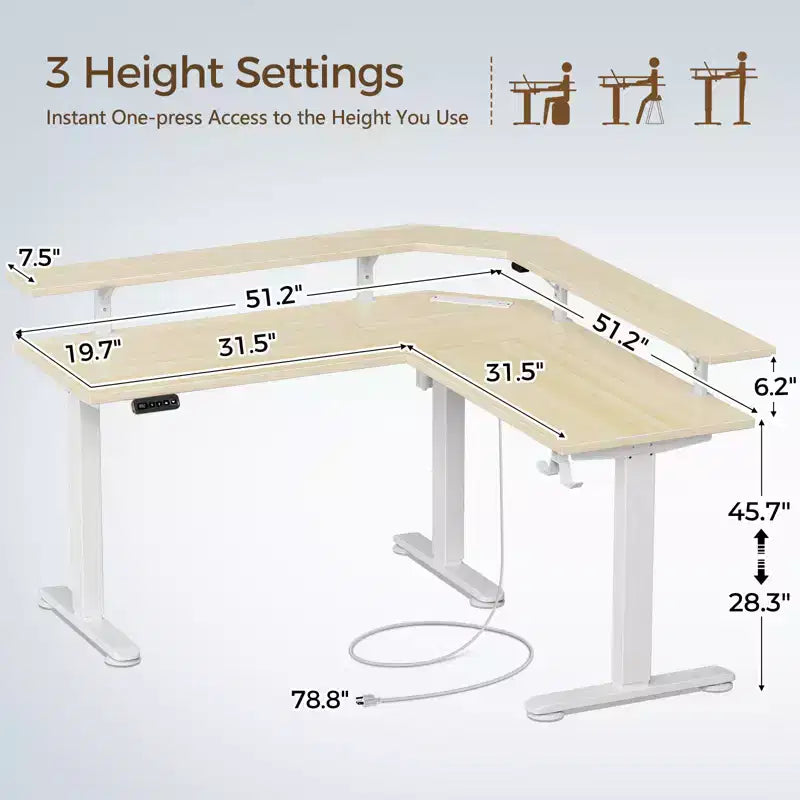 Bureau d'angle assis-debout réglable en hauteur avec lumières LED RGB, 4 prises CA et support de moniteur intégré