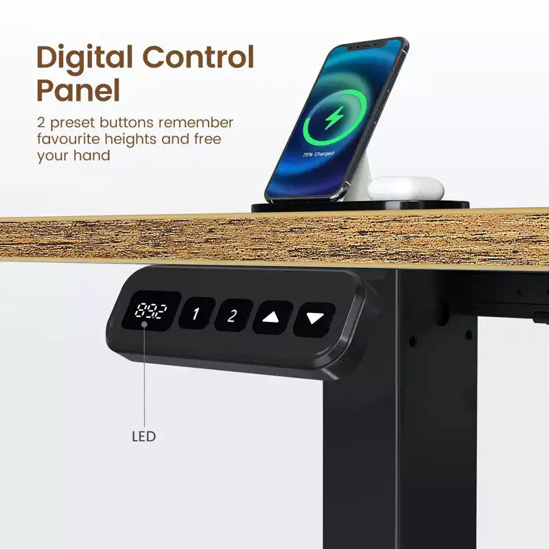 Bureau d'angle assis-debout réglable en hauteur avec lumières LED RGB, 4 prises CA et support de moniteur intégré