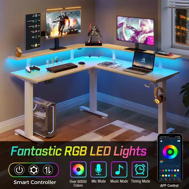 Bureau d'angle assis-debout réglable en hauteur avec lumières LED RGB, 4 prises CA et support de moniteur intégré