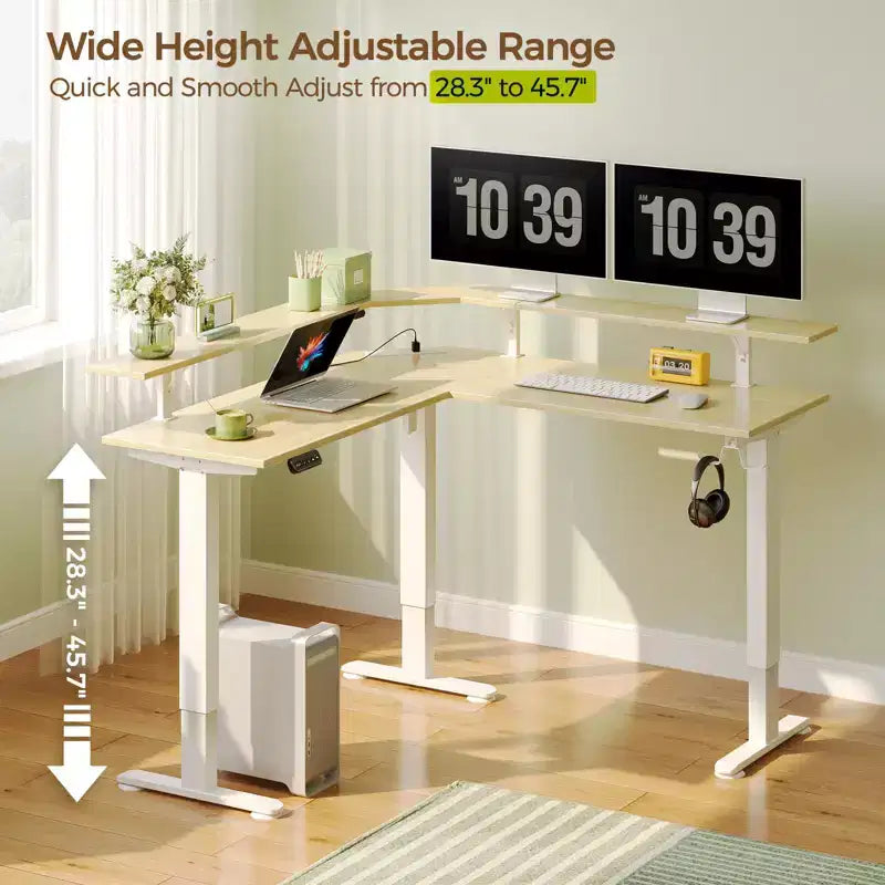 Bureau d'angle assis-debout réglable en hauteur avec lumières LED RGB, 4 prises CA et support de moniteur intégré