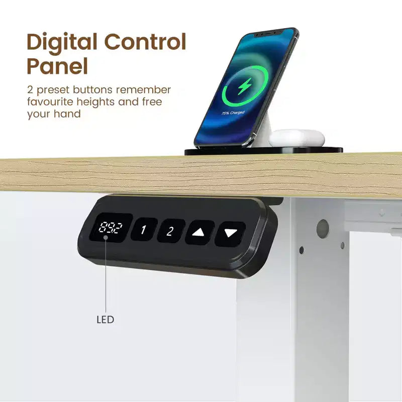 Bureau d'angle assis-debout réglable en hauteur avec lumières LED RGB, 4 prises CA et support de moniteur intégré