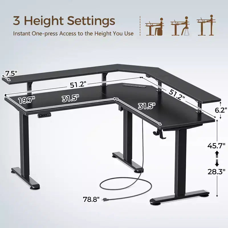 Bureau d'angle assis-debout réglable en hauteur avec lumières LED RGB, 4 prises CA et support de moniteur intégré