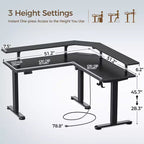 Bureau d'angle assis-debout réglable en hauteur avec lumières LED RGB, 4 prises CA et support de moniteur intégré