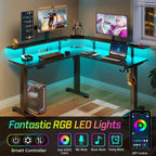 Bureau d'angle assis-debout réglable en hauteur avec lumières LED RGB, 4 prises CA et support de moniteur intégré