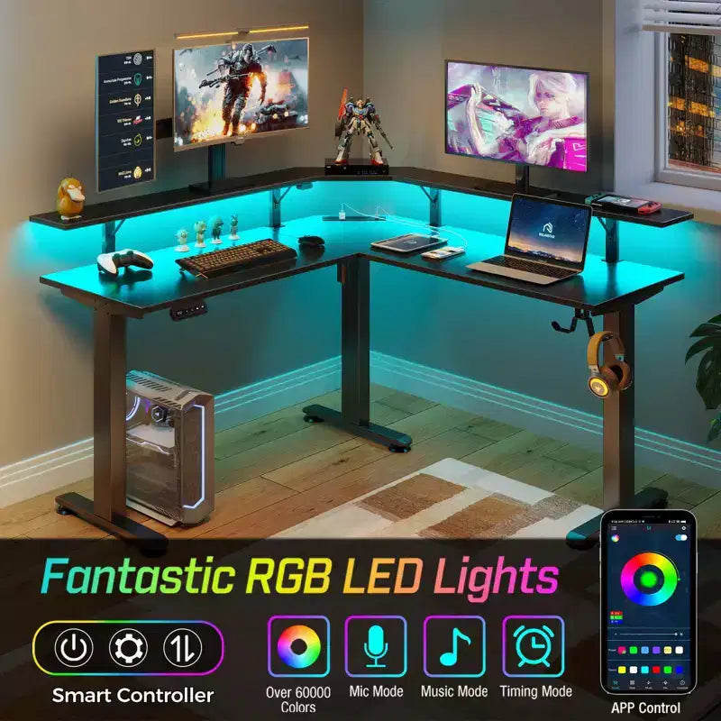 Bureau d'angle assis-debout réglable en hauteur avec lumières LED RGB, 4 prises CA et support de moniteur intégré