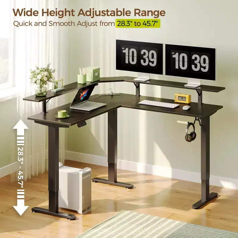 Bureau d'angle assis-debout réglable en hauteur avec lumières LED RGB, 4 prises CA et support de moniteur intégré