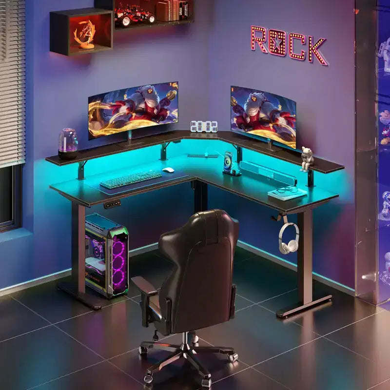 Bureau d'angle assis-debout réglable en hauteur avec lumières LED RGB, 4 prises CA et support de moniteur intégré