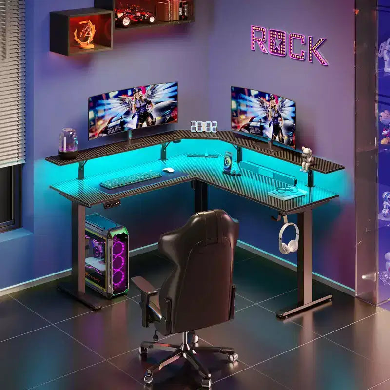 Bureau d'angle assis-debout réglable en hauteur avec lumières LED RGB, 4 prises CA et support de moniteur intégré
