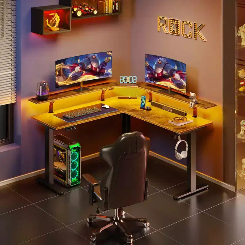 Bureau d'angle assis-debout réglable en hauteur avec lumières LED RGB, 4 prises CA et support de moniteur intégré