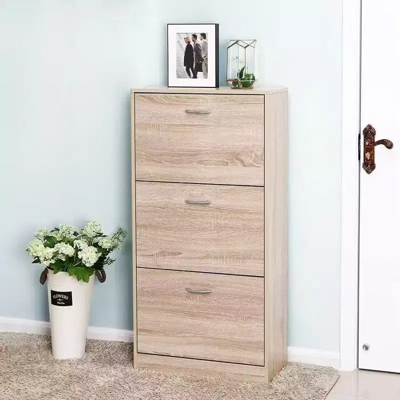 Meuble à chaussures 3 tiroirs avec tiroirs basculants et étagères à 2 niveaux, 120 cm de haut, marron