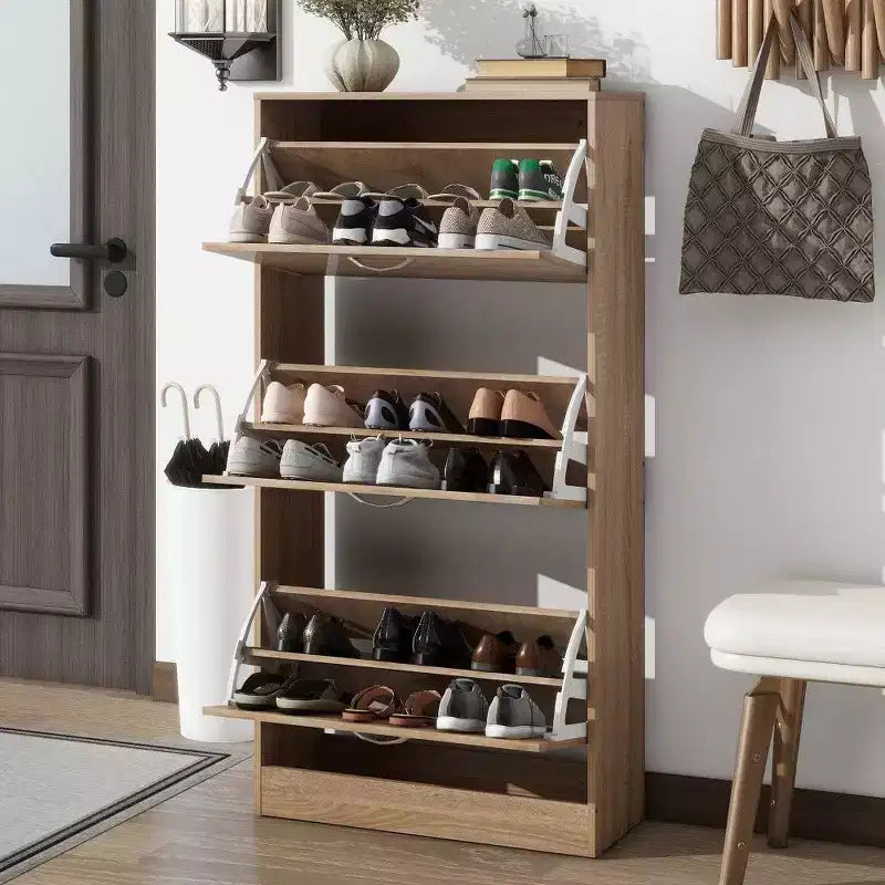 Meuble à chaussures 3 tiroirs avec tiroirs basculants et étagères à 2 niveaux, 120 cm de haut, marron