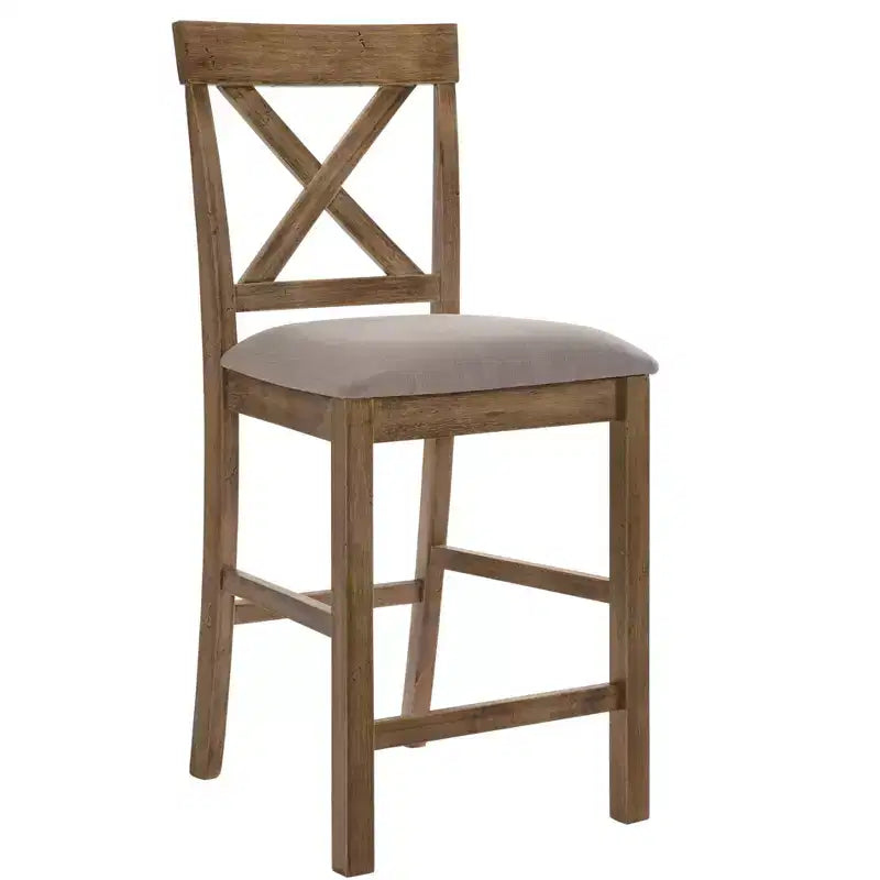 Lot de 2 chaises de comptoir en tissu avec dossier en X et cadre en bois, marron et gris