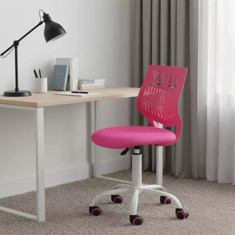 Chaise de bureau pivotante et roulante à hauteur réglable avec dossier géométrique respirant, fuchsia et blanc