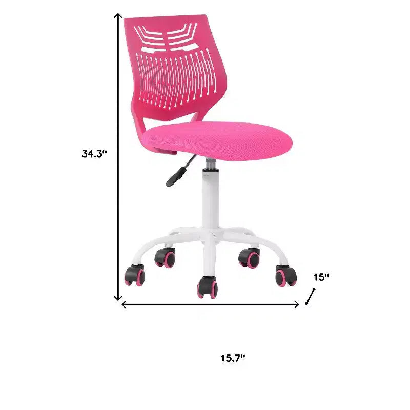 Chaise de bureau pivotante et roulante à hauteur réglable avec dossier géométrique respirant, fuchsia et blanc