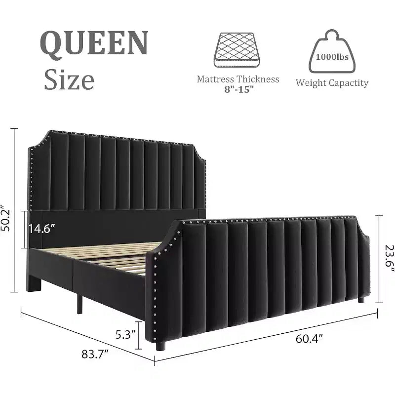 Cadre de lit plateforme Queen Size en velours avec tête et pied de lit touffetés à canaux de 50,2" de hauteur, garniture cloutée, gris